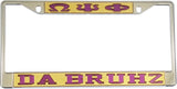 Omega Psi Phi Da Bruhz License Plate Frame [Silver Standard Frame - Gold/Purple]