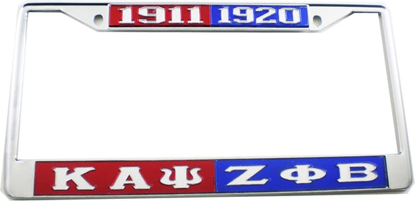 Kappa Alpha Psi + Zeta Phi Beta Split License Plate Frame [Silver Standard Frame - Red/Silver/Blue/Silver]