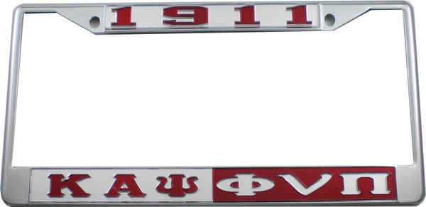 Kappa Alpha Psi 1911 Phi Nu Pi Split License Plate Frame [Silver Standard Frame - Silver/Red]
