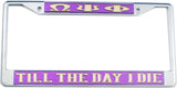 Omega Psi Phi Till The Day I Die License Plate Frame [Silver Standard Frame - Purple/Gold]
