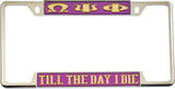 Omega Psi Phi Till The Day I Die License Plate Frame [Decal Visible Frame - Purple/Gold]