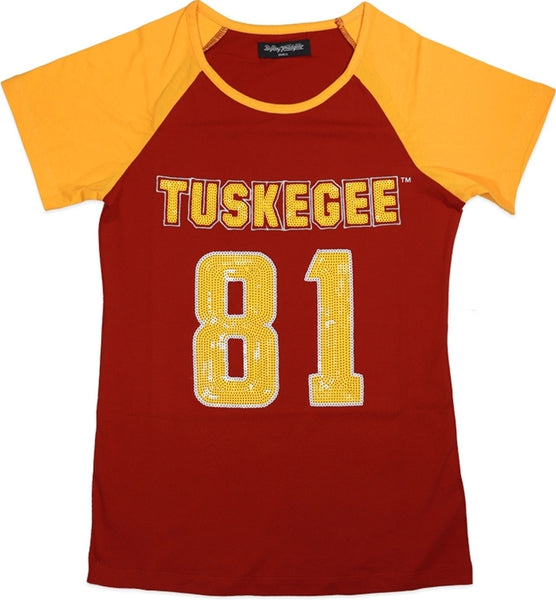 Big Boy Tuskegee Golden Tigers Ladies Sequins Patch Tee [Crimson Red]