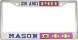 Mason - 2B1 ASK1 + Omega Psi Phi Split License Plate Frame [Silver Standard Frame - Silver/Blue/Purple/Gold]