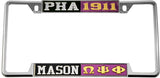 Mason - PHA + Omega Psi Phi Split License Plate Frame [Decal Visible Frame - Black/Silver/Purple/Gold]