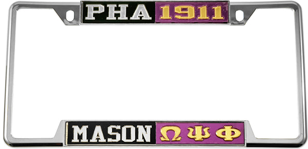 Mason - PHA + Omega Psi Phi Split License Plate Frame [Decal Visible Frame - Black/Silver/Purple/Gold]