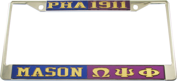 Mason - PHA + Omega Psi Phi Split License Plate Frame [Silver Standard Frame - Blue/Gold/Purple/Gold]
