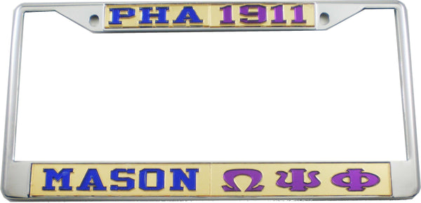 Mason - PHA + Omega Psi Phi Split License Plate Frame [Silver Standard Frame - Gold/Blue/Gold/Purple]