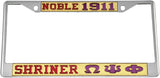 Shriner + Omega Psi Phi Split License Plate Frame [Silver Standard Frame - Gold/Red/Gold/Purple]