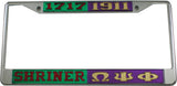 Shriner 1717 + Omega Psi Phi Split License Plate Frame [Silver Standard Frame - Green/Red/Purple/Gold]