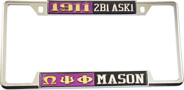 Omega Psi Phi + Mason - 2B1 ASK1 Split License Plate Frame [Decal Visible Frame - Purple/Gold/Black/Silver]