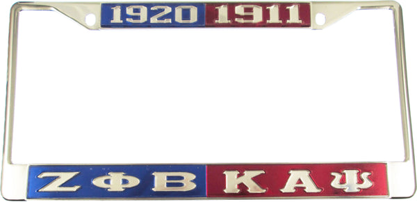 Zeta Phi Beta + Kappa Alpha Psi Split License Plate Frame [Silver Standard Frame - Blue/Silver/Red/Silver]
