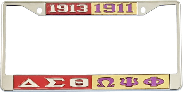 Delta Sigma Theta + Omega Psi Phi Split License Plate Frame [Silver Standard Frame - Red/Silver/Gold/Purple]