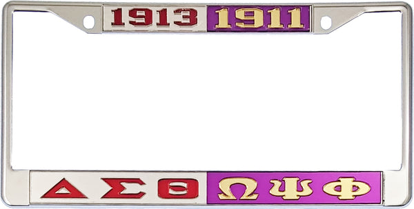 Delta Sigma Theta + Omega Psi Phi Split License Plate Frame [Silver Standard Frame - Silver/Red/Purple/Gold]
