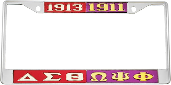 Delta Sigma Theta + Omega Psi Phi Split License Plate Frame [Silver Standard Frame - Red/Silver/Purple/Gold]