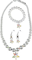 Eastern Star Symbol Charm Pearl Bracelet Earrings & Necklace Set [White]