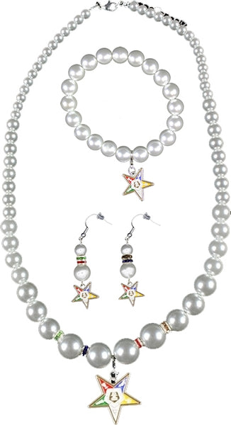 Eastern Star Symbol Charm Pearl Bracelet Earrings & Necklace Set [White]
