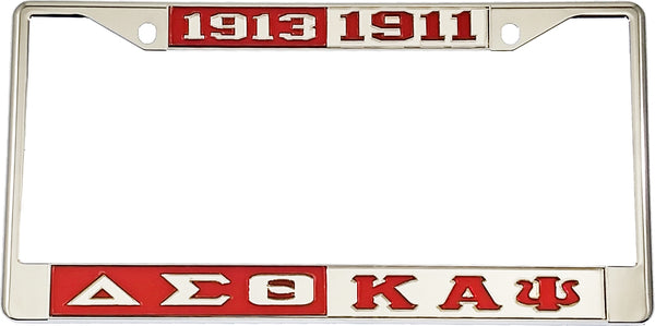 Delta Sigma Theta + Kappa Alpha Psi Split License Plate Frame [Silver Standard Frame - Red/Silver/Silver/Red]
