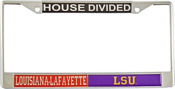 Louisiana-Lafayette + LSU House Divided Split License Plate Frame [Silver]