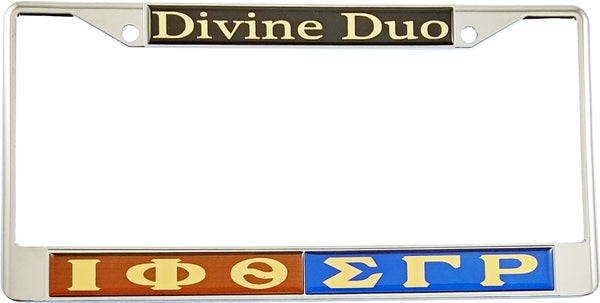 Iota Phi Theta + Sigma Gamma Rho Split Divine Duo License Plate Frame [Brown/Blue]