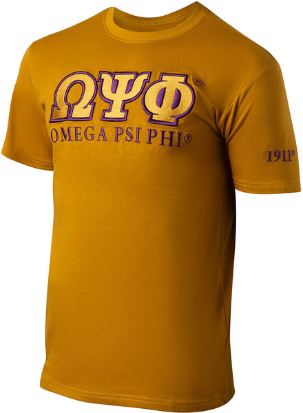 Omega Psi Phi Luxury Embroidered Mens Tee [Old Gold]