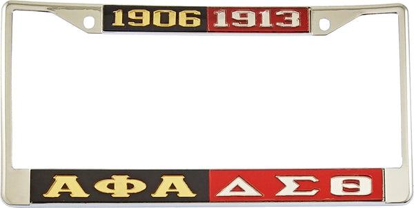 Alpha Phi Alpha + Delta Sigma Theta Split License Plate Frame [Silver Standard Frame - Black/Gold/Red/Silver]