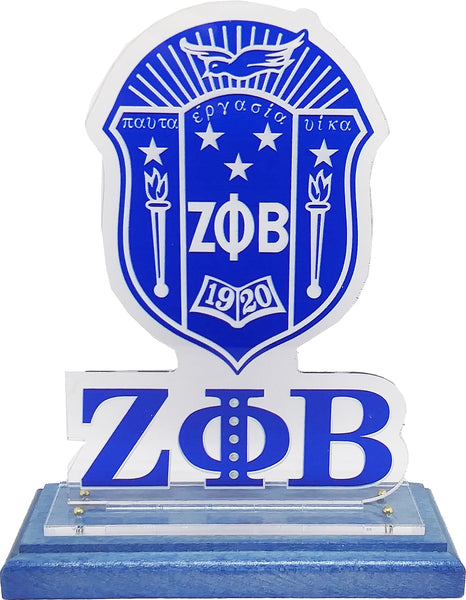 Zeta Phi Beta Acrylic Desktop Crest With Wooden Base [Blue]