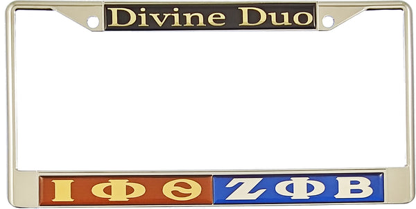 Iota Phi Theta + Zeta Phi Beta Split Divine Duo License Plate Frame [Brown/Blue]