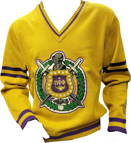 Buffalo Dallas Omega Psi Phi Chenille V-Neck Varsity Sweater [Gold]