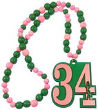 Alpha Kappa Alpha Line #34 Mirror Wood Color Bead Tiki Necklace [Pink/Green]