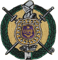 Omega Psi Phi Escutcheon Shield Embroidered On-On Patch [Purple/Old Gold]