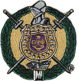 Omega Psi Phi Escutcheon Shield Embroidered On-On Patch [Purple/Old Gold]