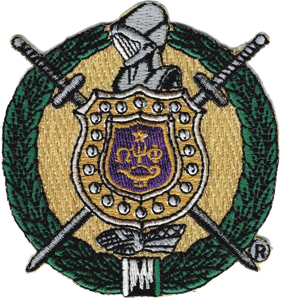 Omega Psi Phi Escutcheon Shield Embroidered On-On Patch [Purple/Old Gold]