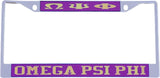 Omega Psi Phi Greek Letters License Plate Frame [Silver Standard Frame - Purple/Gold]
