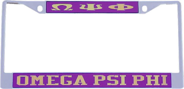 Omega Psi Phi Greek Letters License Plate Frame [Silver Standard Frame - Purple/Gold]