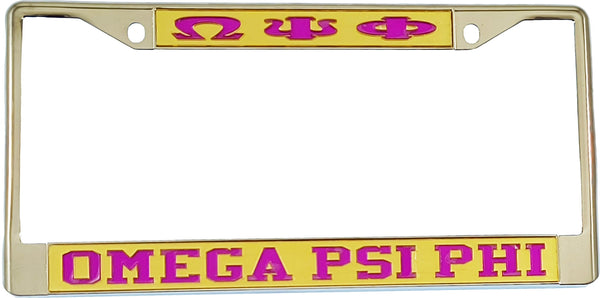 Omega Psi Phi Greek Letters License Plate Frame [Silver Standard Frame - Gold/Purple]