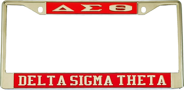 Delta Sigma Theta Greek Letters License Plate Frame [Silver Standard Frame - Red/Silver]