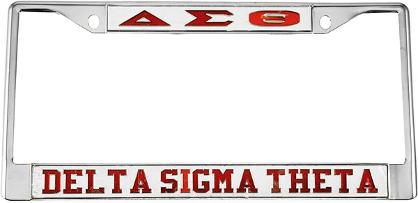 Delta Sigma Theta Greek Letters License Plate Frame [Silver Standard Frame - Silver/Red]