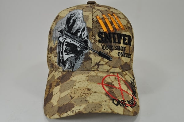 Sniper One Shot One Kill Snake Skin Camo Mens Cap [Khaki]