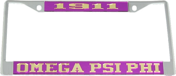 Omega Psi Phi Year 1911 License Plate Frame [Silver Standard Frame - Purple/Gold]