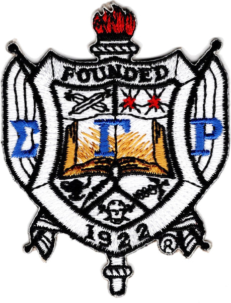 Sigma Gamma Rho Crest Embroidered Iron-On Patch [White/Blue/Gold]