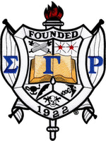 Sigma Gamma Rho Crest Embroidered Iron-On Patch [White/Blue/Gold]
