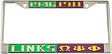 Links + Omega Psi Phi Split License Plate Frame [Silver Standard Frame - Green/Silver/Purple/Gold]