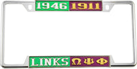 Links + Omega Psi Phi Split License Plate Frame [Decal Visible Frame - Green/Silver/Purple/Gold]