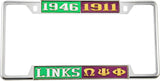 Links + Omega Psi Phi Split License Plate Frame [Decal Visible Frame - Green/Silver/Purple/Gold]