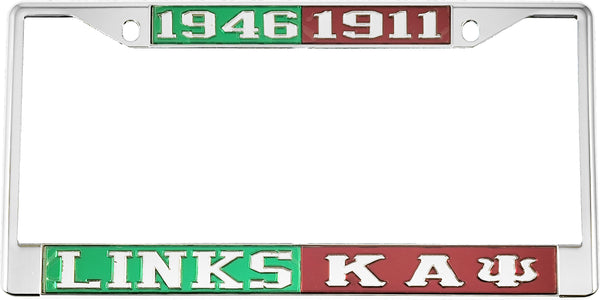 Links + Kappa Alpha Psi Split License Plate Frame [Silver Standard Frame - Green/Silver/Red/Silver]