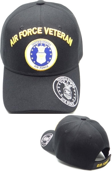 Air Force Veteran Arch Text Shadow On Bill Mens Cap [Black - Adjustable Size]