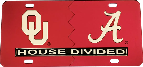 Oklahoma + Alabama House Divided Split License Plate Tag [Red/Red]