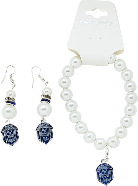 Zeta Phi Beta Crest Charm Pearl Bracelet & Earrings Set [White]