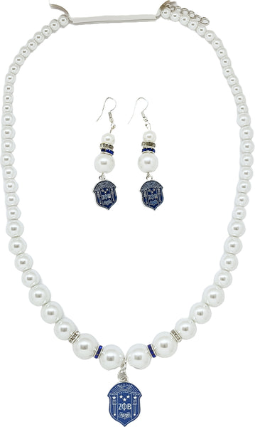 Zeta Phi Beta Crest Charm Pearl Earrings & Necklace Set [White]