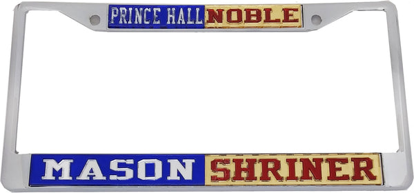 Prince Hall Mason + Shriner Noble Split License Plate Frame [Silver Standard Frame - Blue/Silver/Gold/Red]